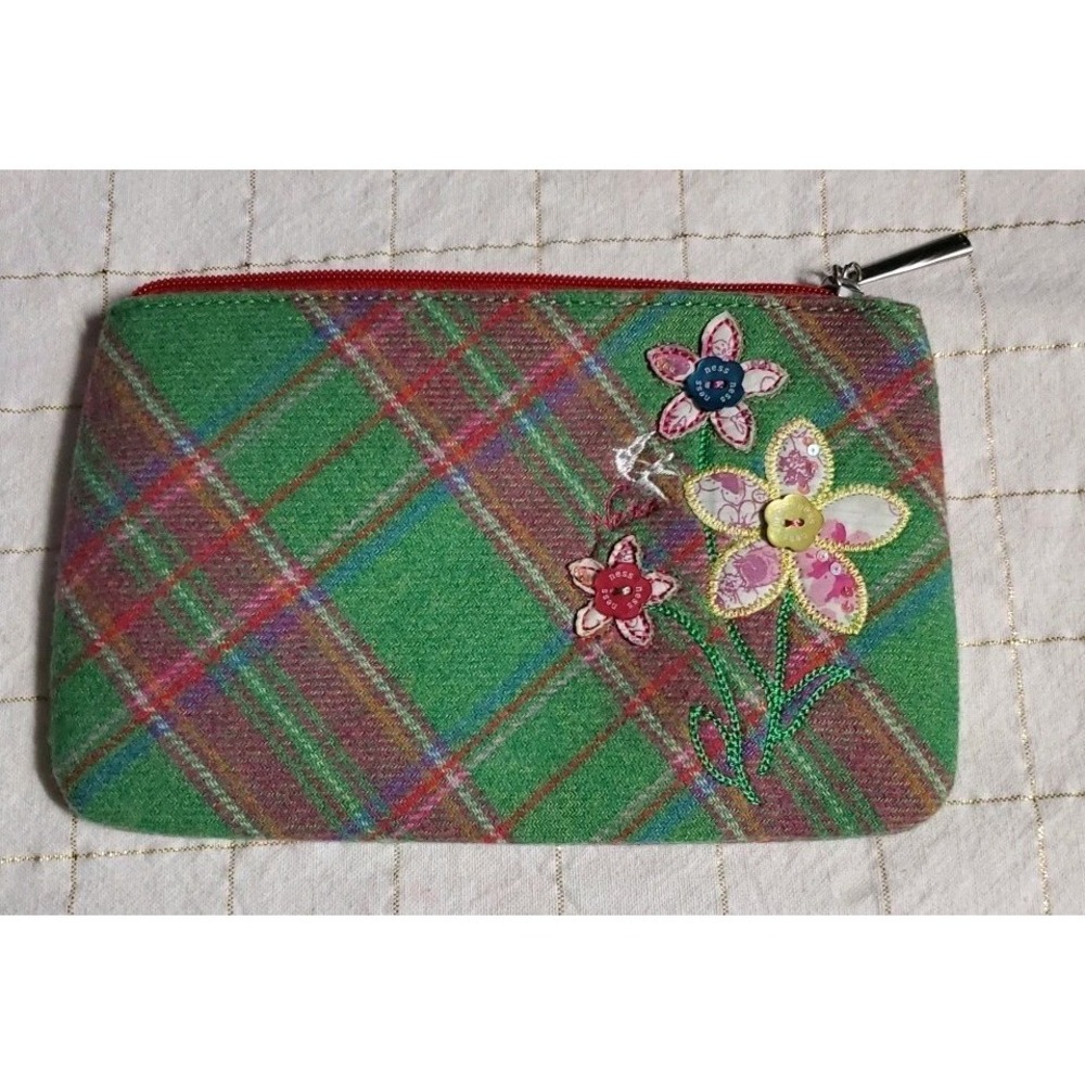 NESS Scotish Wool Blend Makeup Bag Green Pink Tartan‎ Floral Applique 8.5x5.5